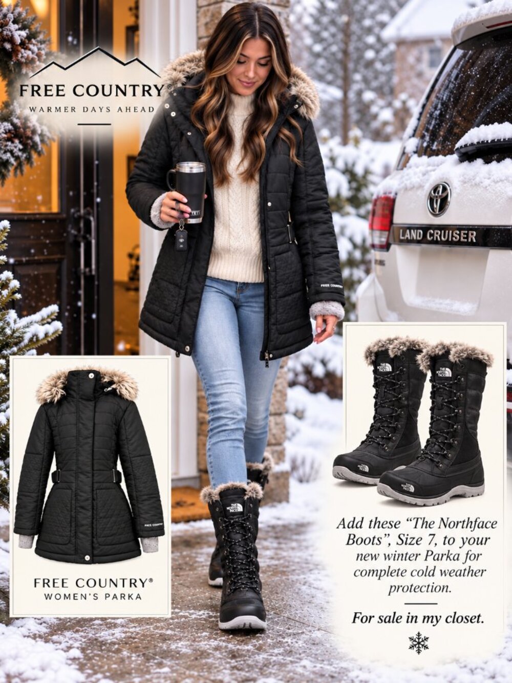 Free Country Women’s Small Insulated Quilted Parka Faux Fur Hood NWOT